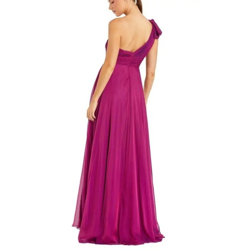 Mac Duggal One Shoulder Dress Bow Pleated Chiffon Gown Raspberry Pink NWT 14 - Picture 2 of 12